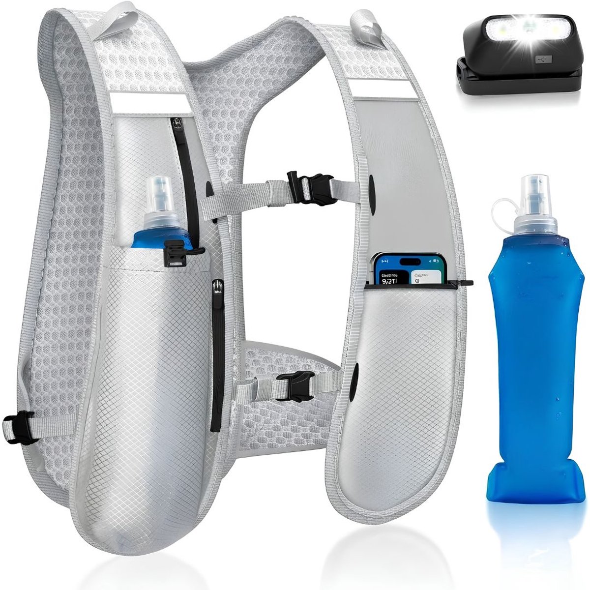 VALI® Hardloopvest - Hardloopvest met Drinken en Telefoonhouder - Hardloopvestje - Grijs - 25cm x 22cm x 8cm