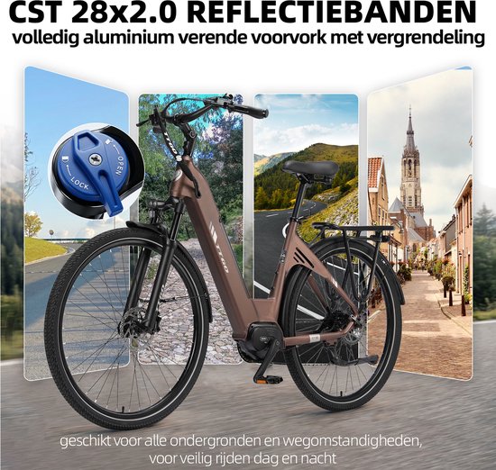 TTGO C7 SE Elektrische Fiets - 36V 18Ah Lithium Accu - Actieradius tot 150 km - Middenmotor - 28×2.0 inch Banden - Hydraulische Schijfremmen - Shimano 9 Versnellingen - Verende Voorvork met Lock-out - Elektrische Stadsfiets - Bruin van TTGO — afbeelding 5