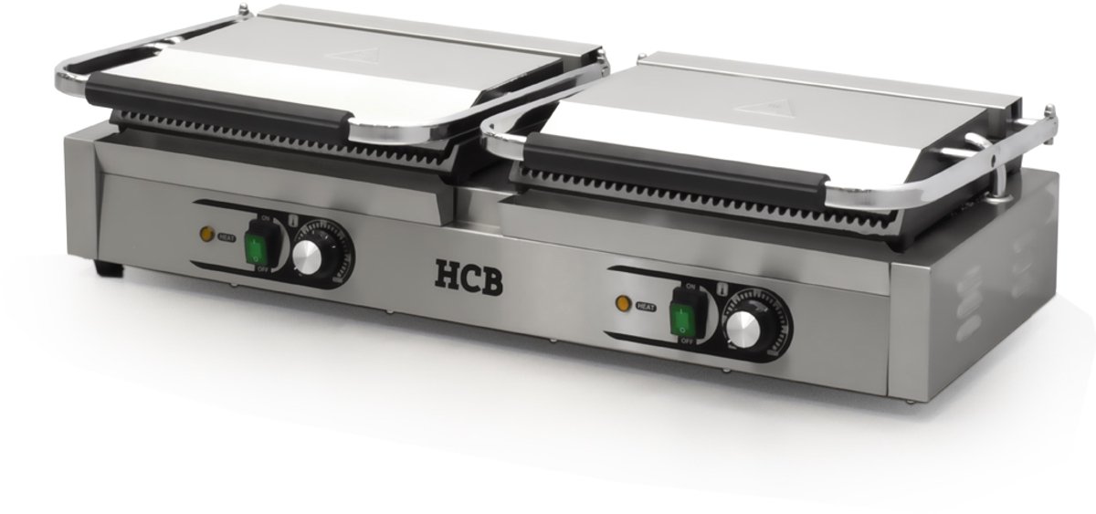 HCB® - Professionele Horeca Paninigrill - dubbel - geribbeld - 2 x 230V - RVS / INOX panini grill - Tosti apparaat - contact grill - 30.5x84.5x20 cm (DxBxH) - 20 kg - 6848