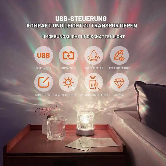 Namajunas - Water rimpel nachtlampje - 16 licht kleuren - Met afstandsbediening - Zacht voor de ogen - Oplaadbaar water golf lamp voor kinderen - Romantische sfeer lamp - lamp oceaan - Sfeer decoratie voor de kinderkamer van Namajunas — afbeelding 4