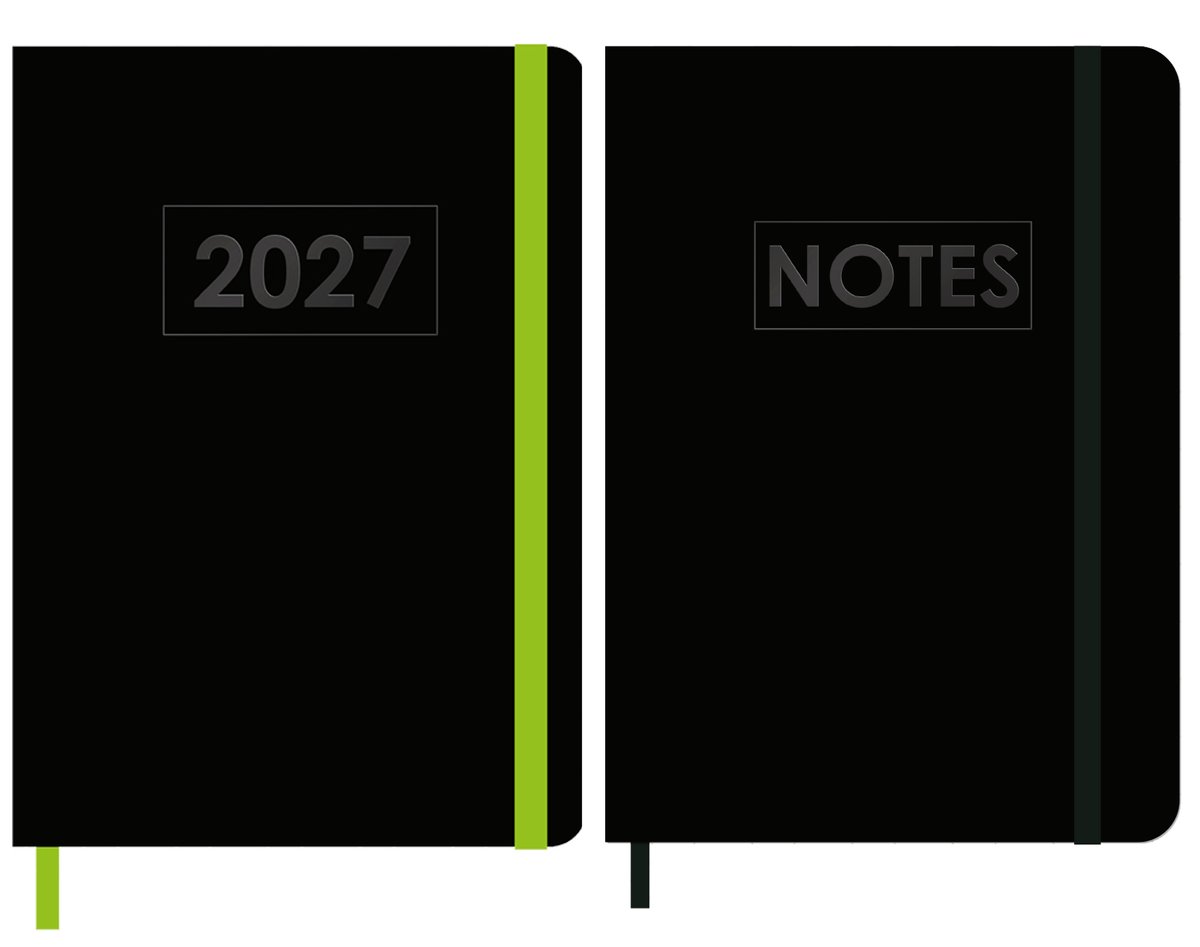 MGPcards - A5 Agenda 2027 - Weekoverzicht 1w/2p - Zwart + Groen elastiek - 14,8 x 21 cm + Notitieboekje/opschrijfboekje - gelinieerd - 80 pagina's - A5 - Zwart