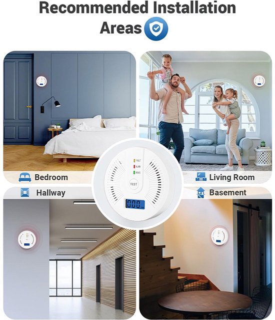 Vier installatiegebieden voor de witte koolmonoxidemelder: slaapkamer, woonkamer, gang en kelder, met gezinnen in de slaapkamer en woonkamer.