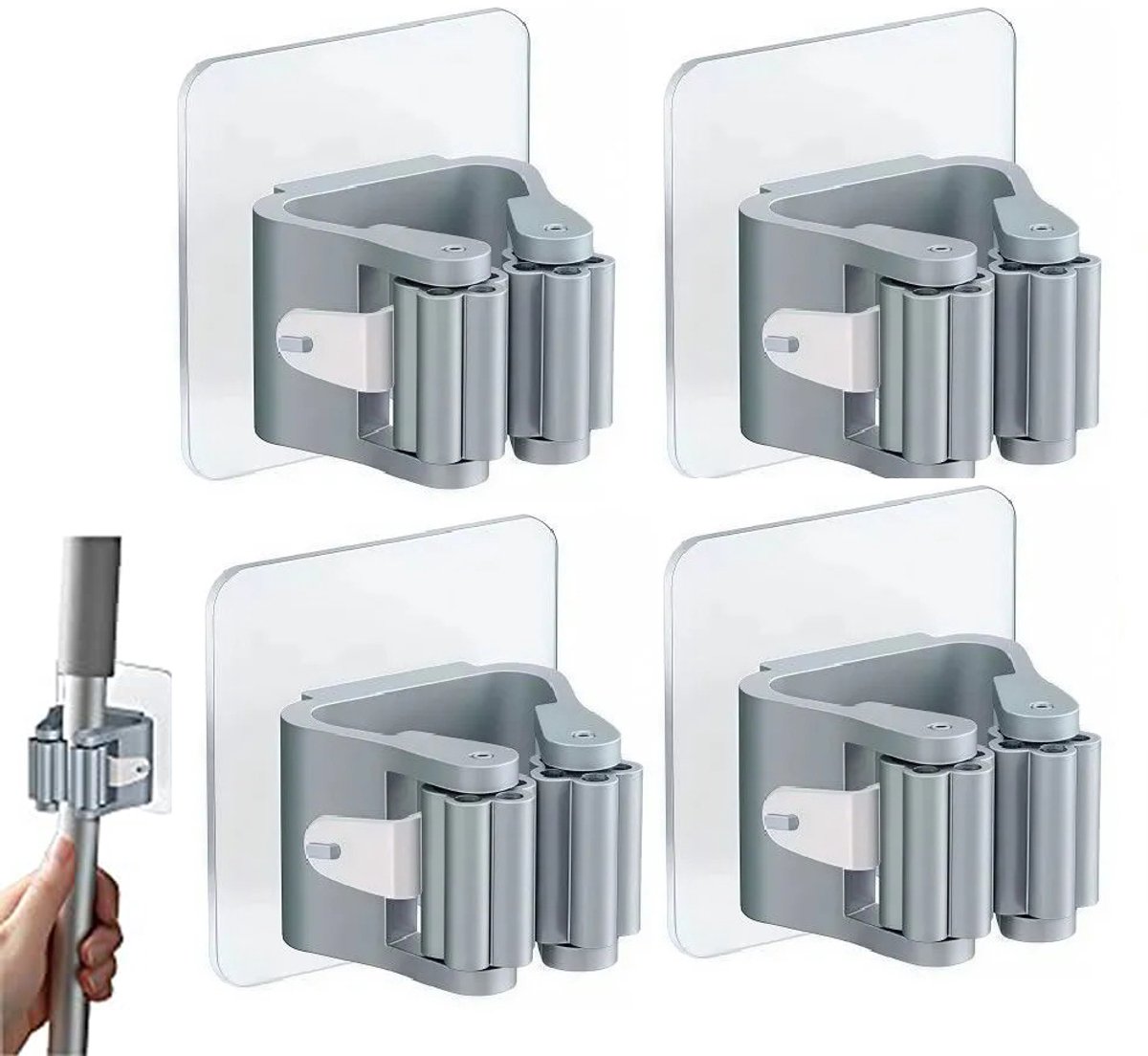 Zelfklevende Bezem- & Mophouders 4 Stuks - Wandmontage Zonder Boren - Verstelbaar 2-3,5 cm - Voor Keuken & Badkamer - Wit