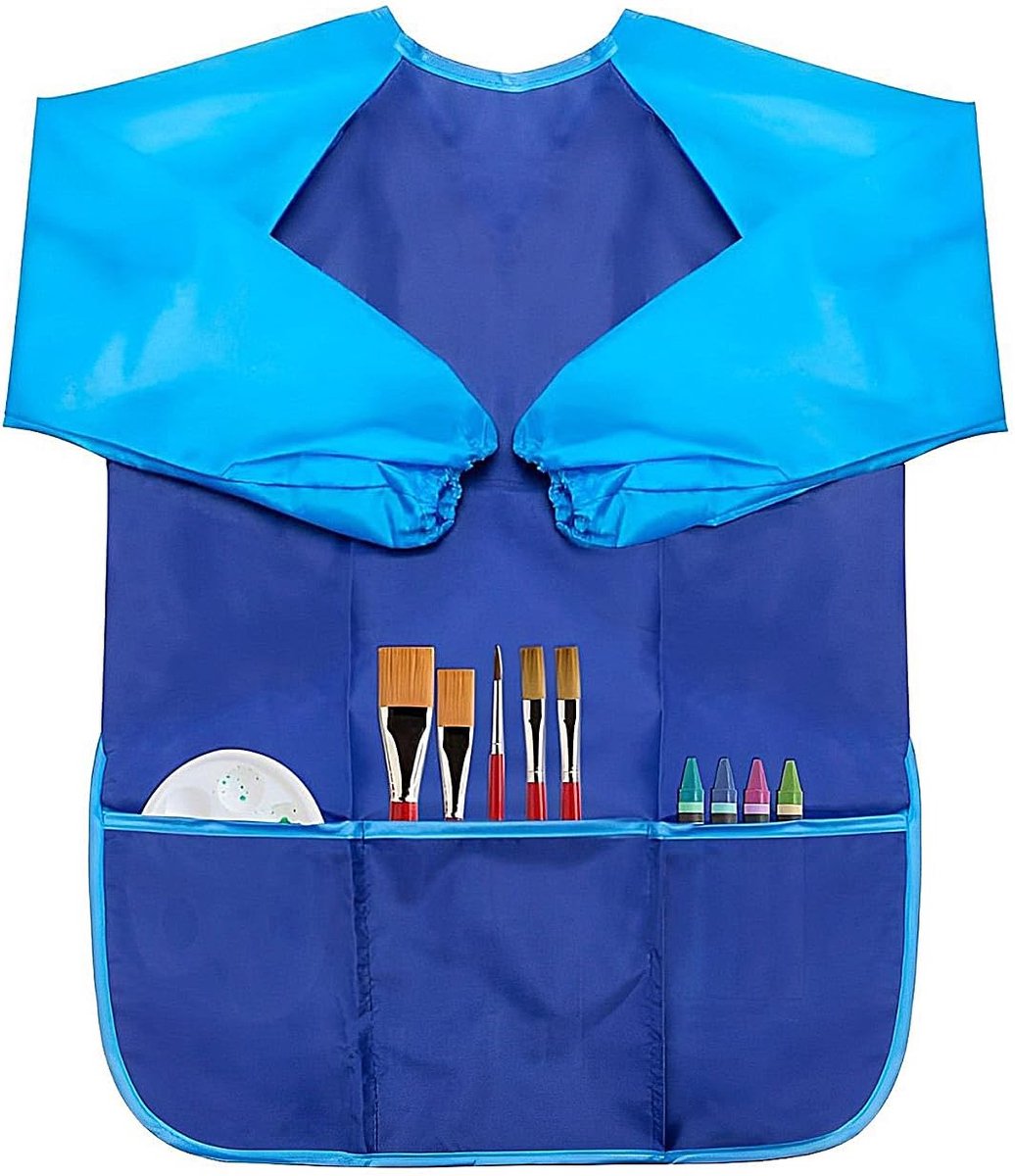 Waterdicht nylon kinderschort met mouwen, geschikt voor kinderen van 8-10 jaar, met mouwen en 3 zakken, ideaal voor kunstlessen, schilderen, koken, enz,blauw,M