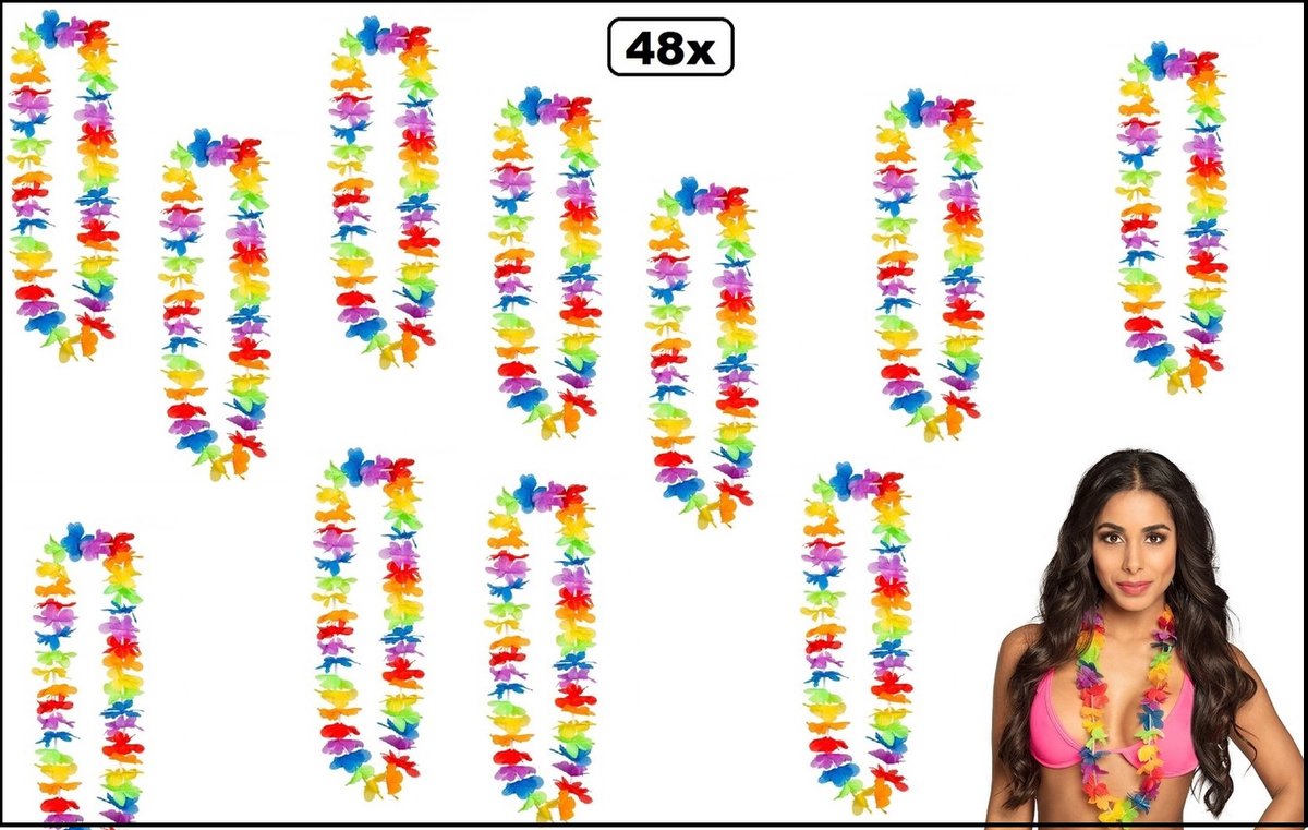 48x Hawai bloemen krans regenboog - Rainbow hawai krans hawaii slinger tropical thema feest festival