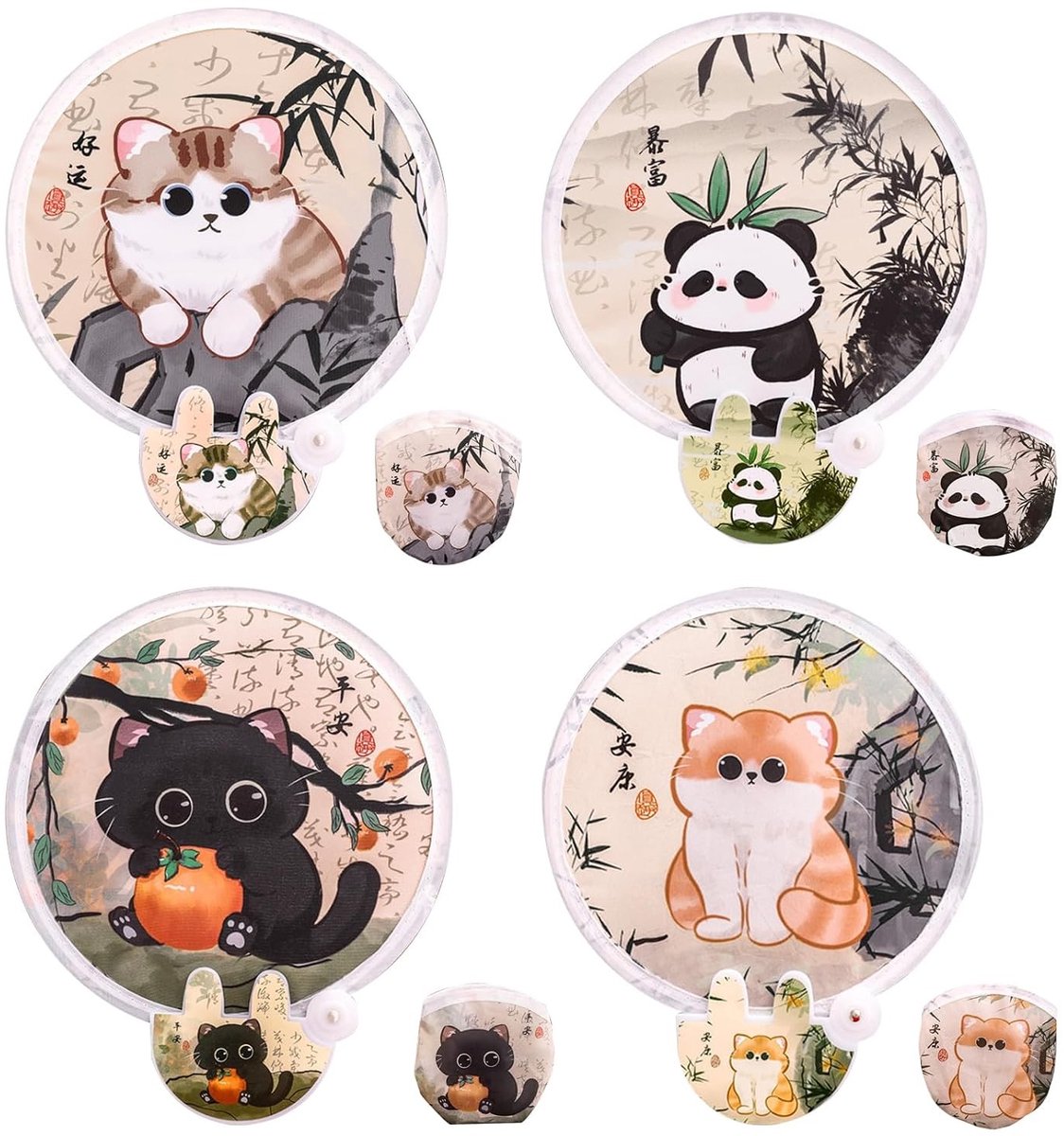 Vouwbare ronde handfans met kattenpatroon - 4 stuks, ideaal voor festivals, bruiloften en reizen