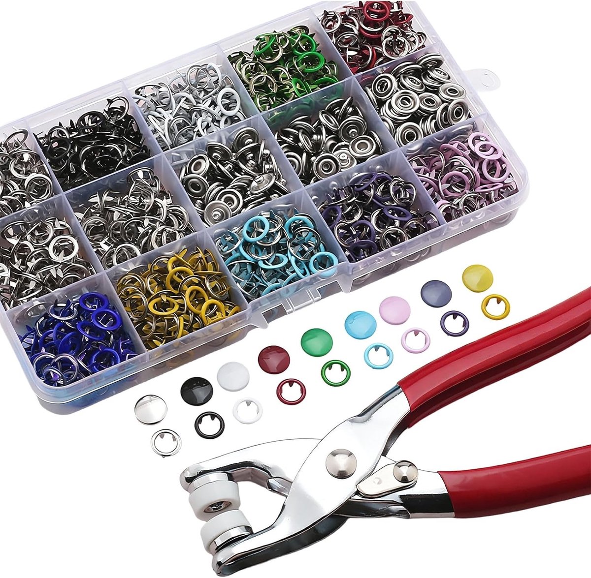 Push Buttons Set van 200 Stuks met Tang - 803 Stukken 9.5mm Metalen Drukknopen voor Stof DIY Naaiwerk in 10 Kleuren