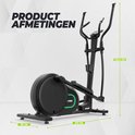 Zwarte crosstrainer met afmetingen van 172,5 cm hoog, 172 cm lang en 66 cm breed.