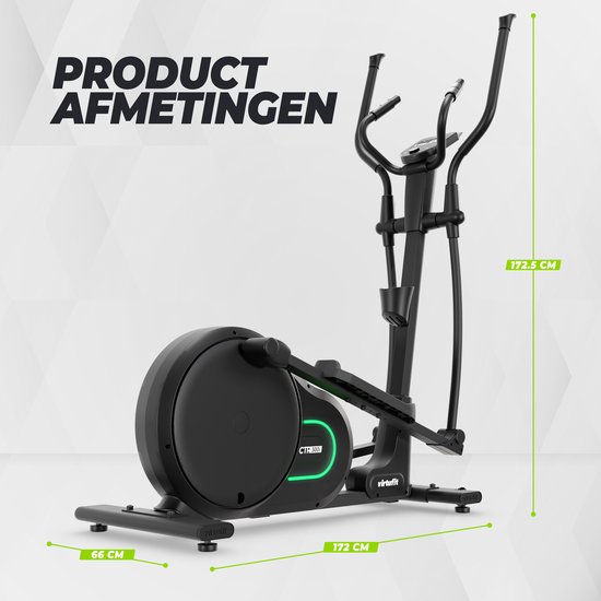 Zwarte crosstrainer met afmetingen van 172,5 cm hoog, 172 cm lang en 66 cm breed.