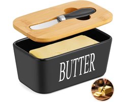 Multifunctionele Botervloot van Porselein met Houten Deksel en RVS Mes, Ideaal voor Keuken en Tafelaankleding, Zwart met Siliconen Afsluiting