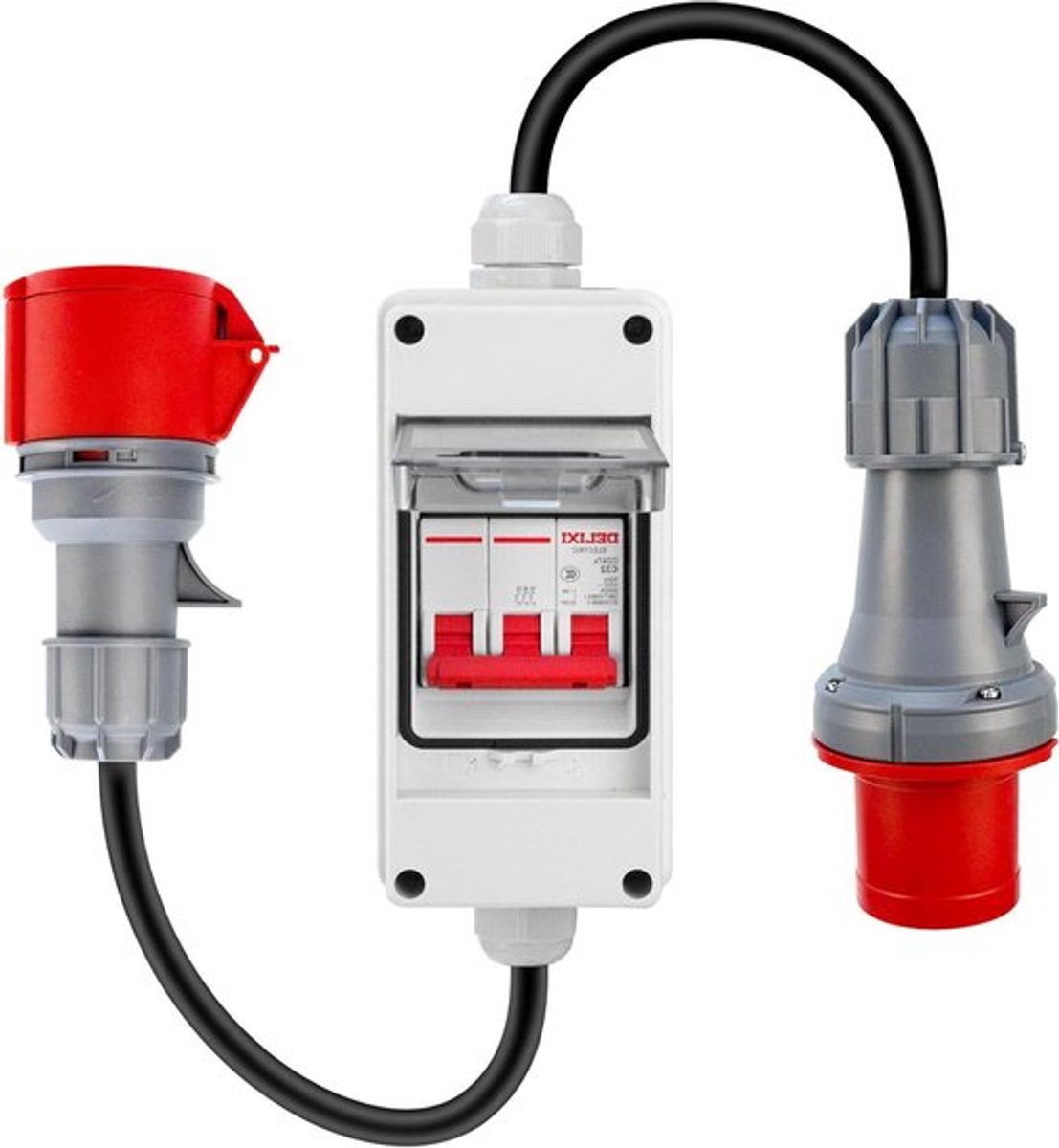 Adapter 63A naar 32A met stroomschakelaar, IP44, krachtstroomkoppeling, verlengkabel - stekker en stopcontact