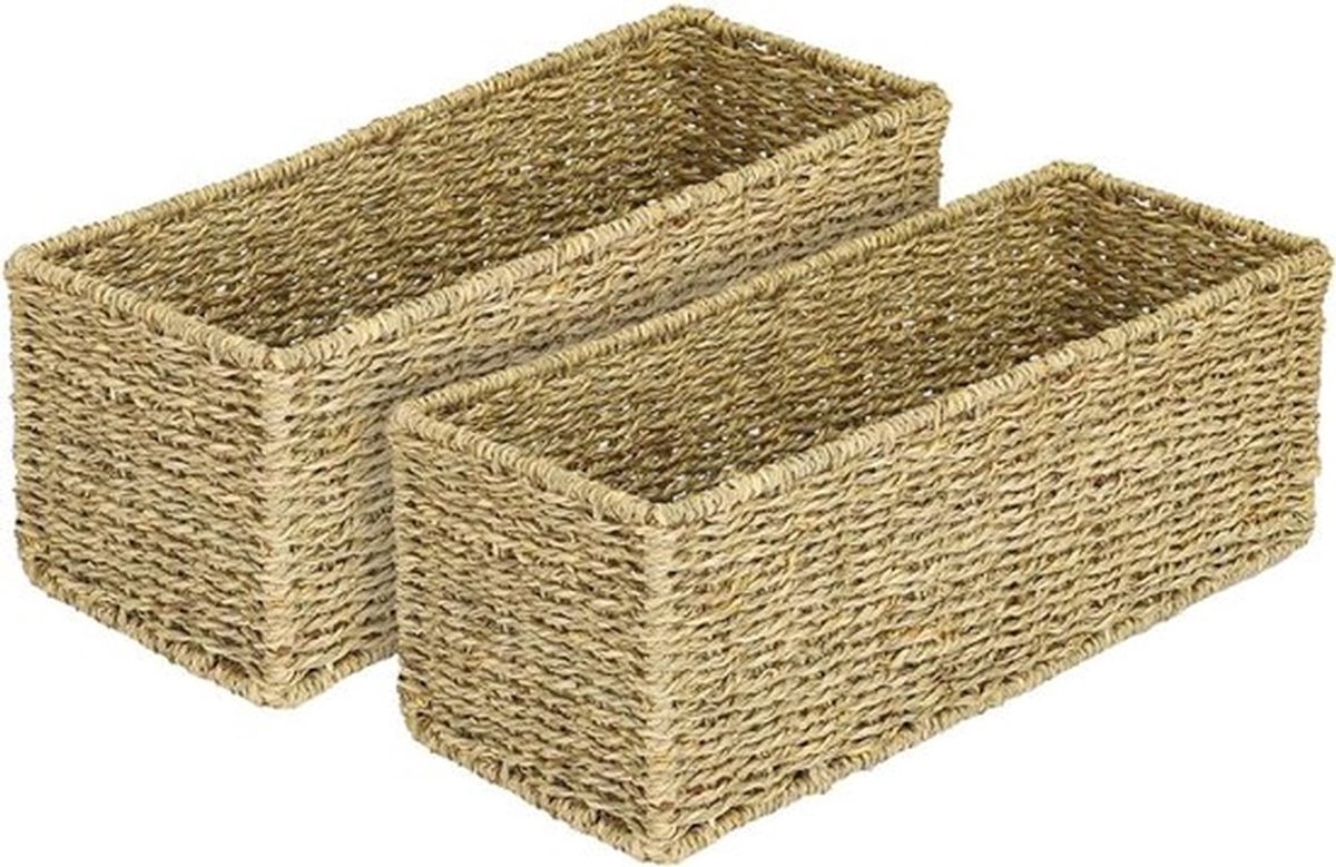 Gevlochten opbergmand voor badkamer essentials | Set van twee | Natuurlijke zeegras manden | Duurzaam en stijlvol | 38 x 15 x 14 cm