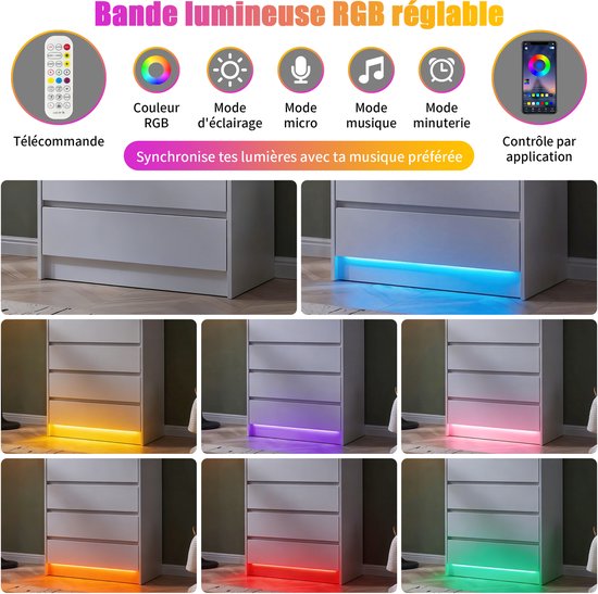 Witte commode met ingebouwde RGB-verlichting in verschillende kleuren.