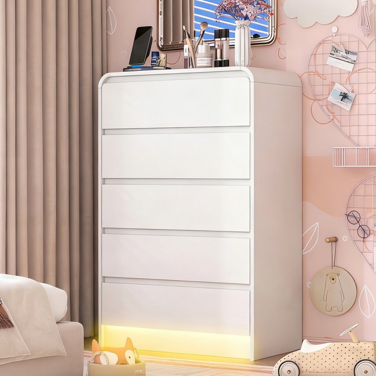 ROSAHQNDA Ladekast 73x40x110 cm, 5-ladenkast met LED-verlichting, hoge opbergkast voor slaapkamer, moderne commode, wit