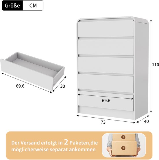 Witte ladekast met 5 lades en afmetingen van 73x40x110 cm; verzending in 2 pakketten.