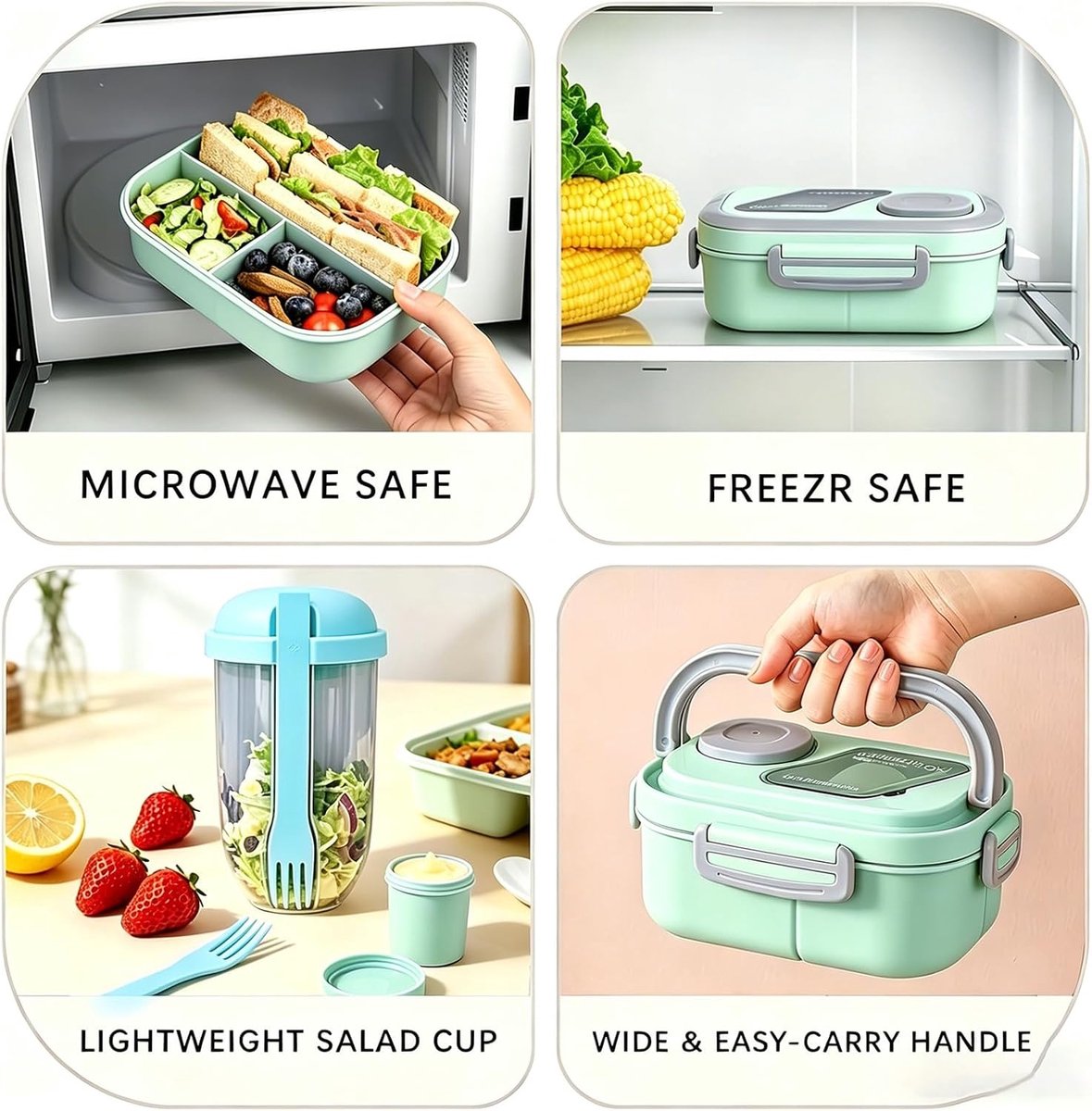 Bobypet - Lunchbox Set met Geïsoleerde Lunchtas- 1200ml - 2-Laags Stapelbare Broodtrommel met Vakjes - Lekvrij en BPA-Vrij - Inclusief Bestek, Sausbakje en Saladebeker - Geschikt voor Magnetron - Groen — cadeau in Koken & Dineren - foto 5