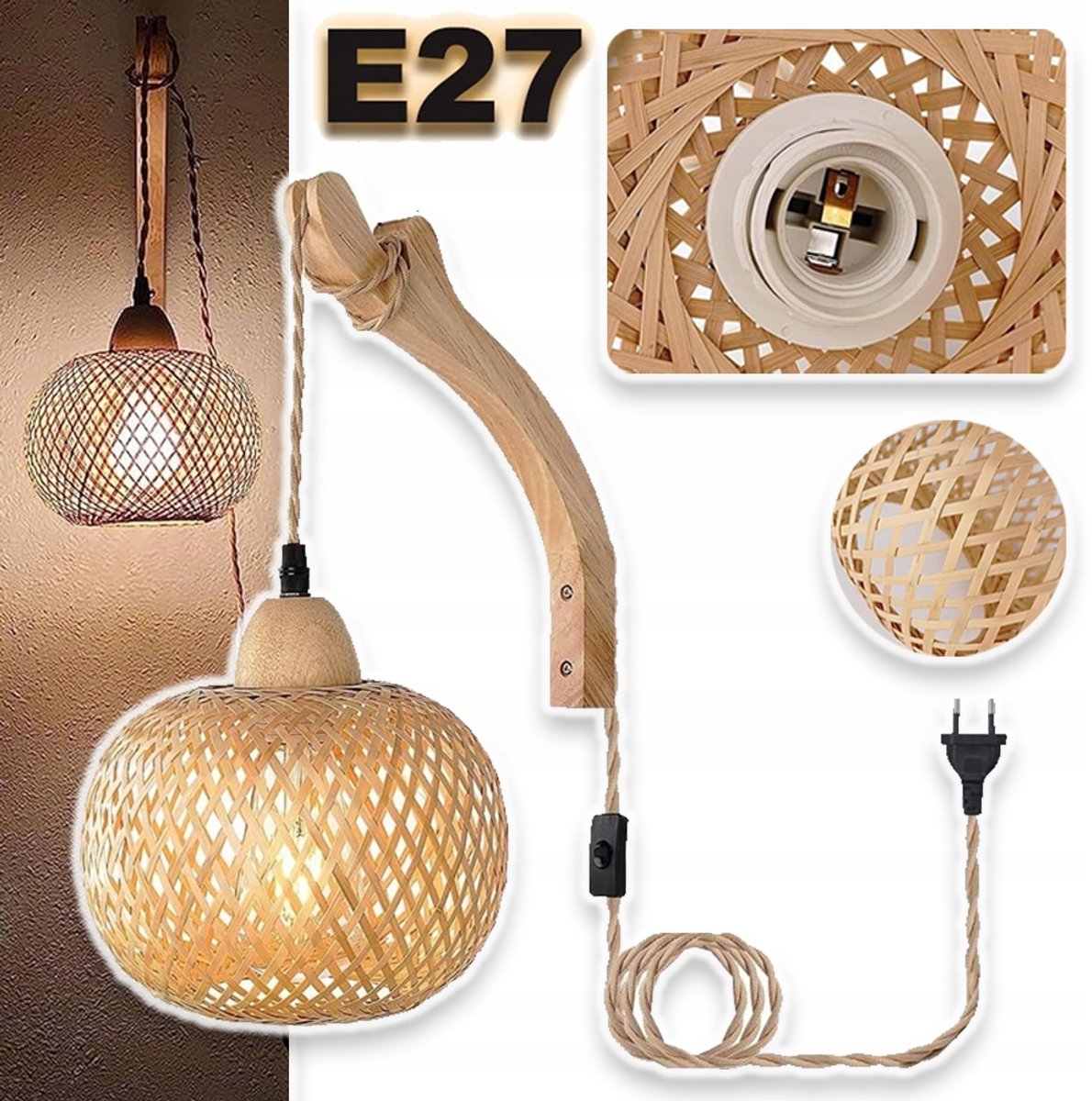 Rotan Houten Wandlamp - E27 Fitting Kap Van 20x15 cm Natuurlijke Houtnerf - Geschikt Voor Dimbare Lampen Eenvoudig Te Installeren - Voor Woonkamer Keuken En Trappenhuis - Geel