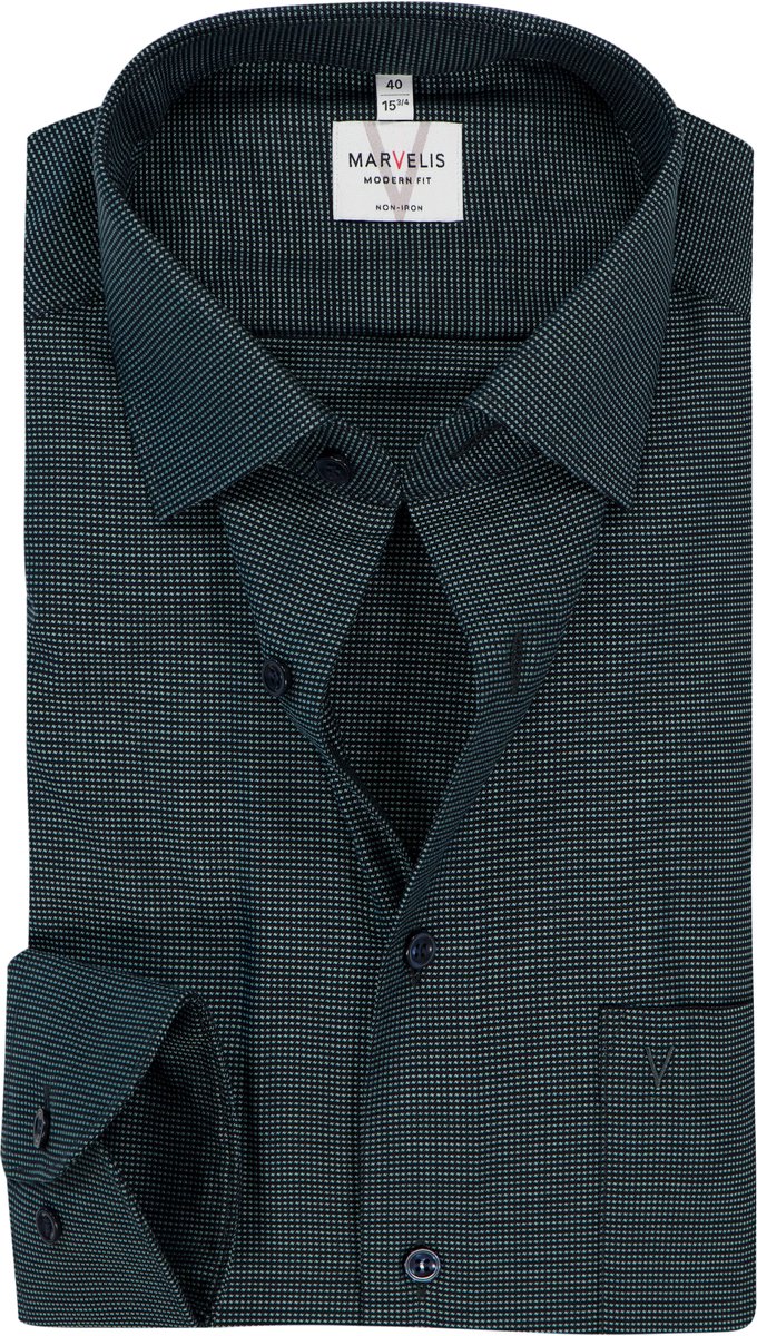 MARVELIS modern fit overhemd - mouwlengte 7 - structuur - groen - Strijkvrij - Boordmaat: 38 (EU maat: S)