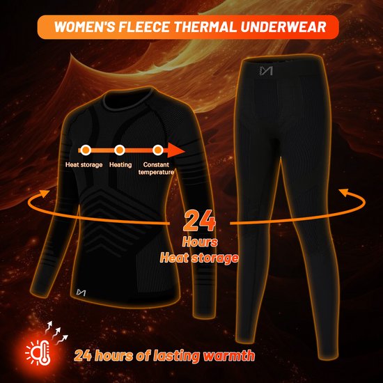 Zwart thermisch ondergoed voor dames met lange mouwen en een bijpassende legging. Ontworpen voor 24 uur warmteopslag en constante temperatuur.