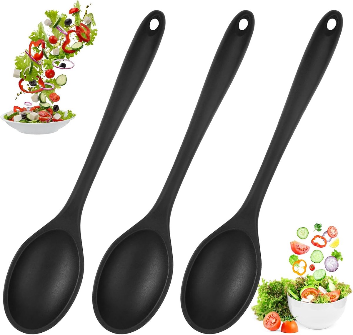 3-delige set siliconen kooklepels - zwarte anti-aanbak lepels met lange steel van 20,3 cm - BPA-vrije keukenhulpmiddelen voor roeren, bakken en serveren