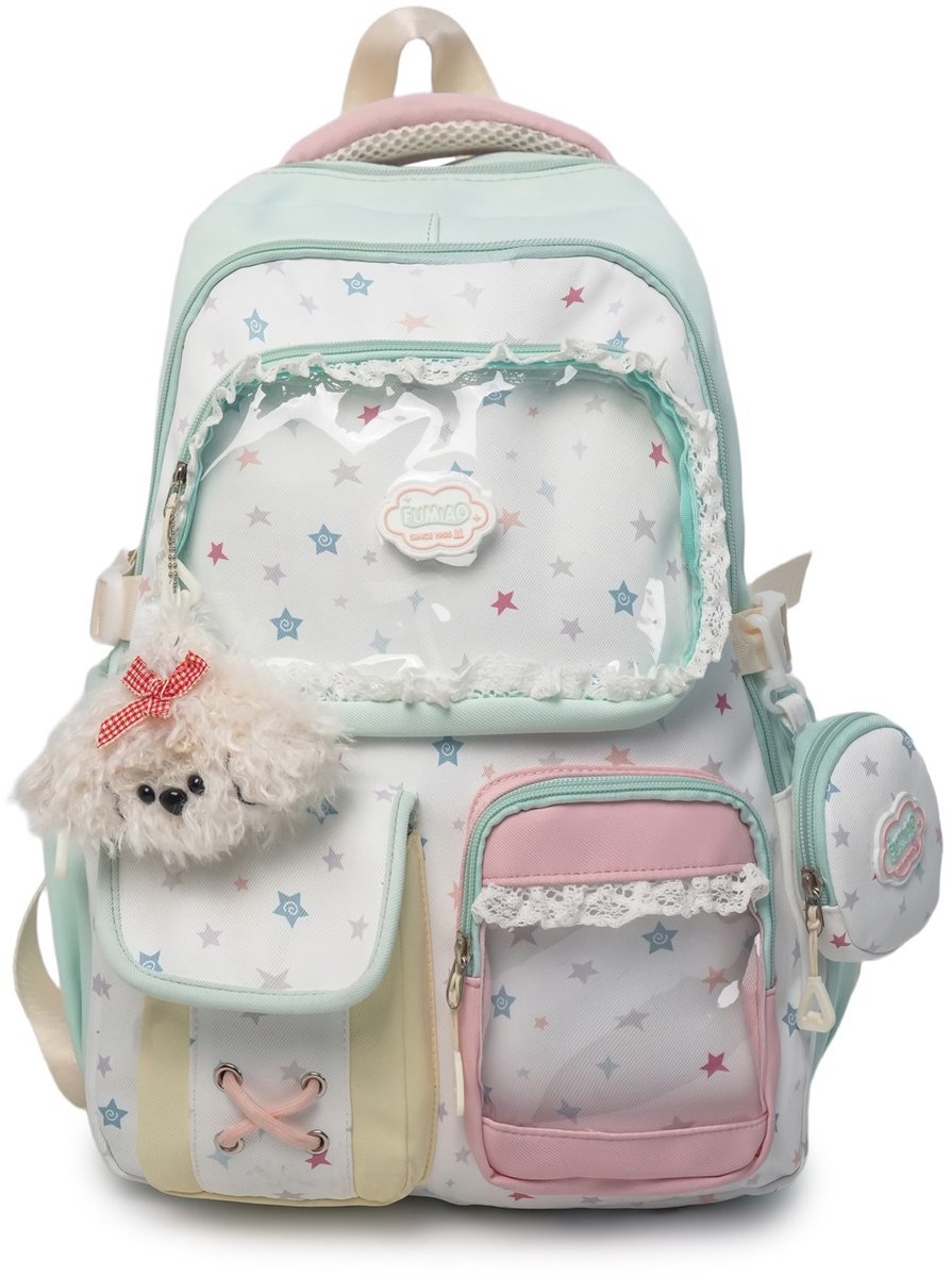 Meisjes Rugzak Set – Schoolrugzak met Portemonneetje – 2-delige Set – 31 × 17 × 43 cm – Met Transparant Voorvak – Voor Buttons & Foto's – Nylon – Mintgroen – Voor School & Dagelijks Gebruik