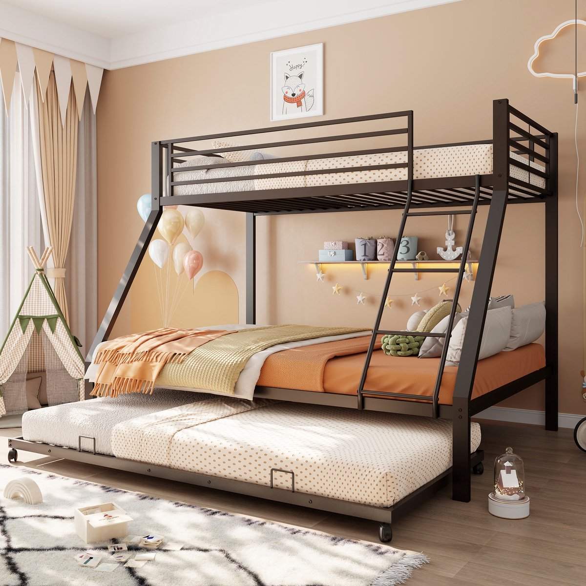 Sweiko Stapelbed - 90/140 x 200 cm - Metalen bed - Met uitschuifbaar bed - Kinderbed - Zwart