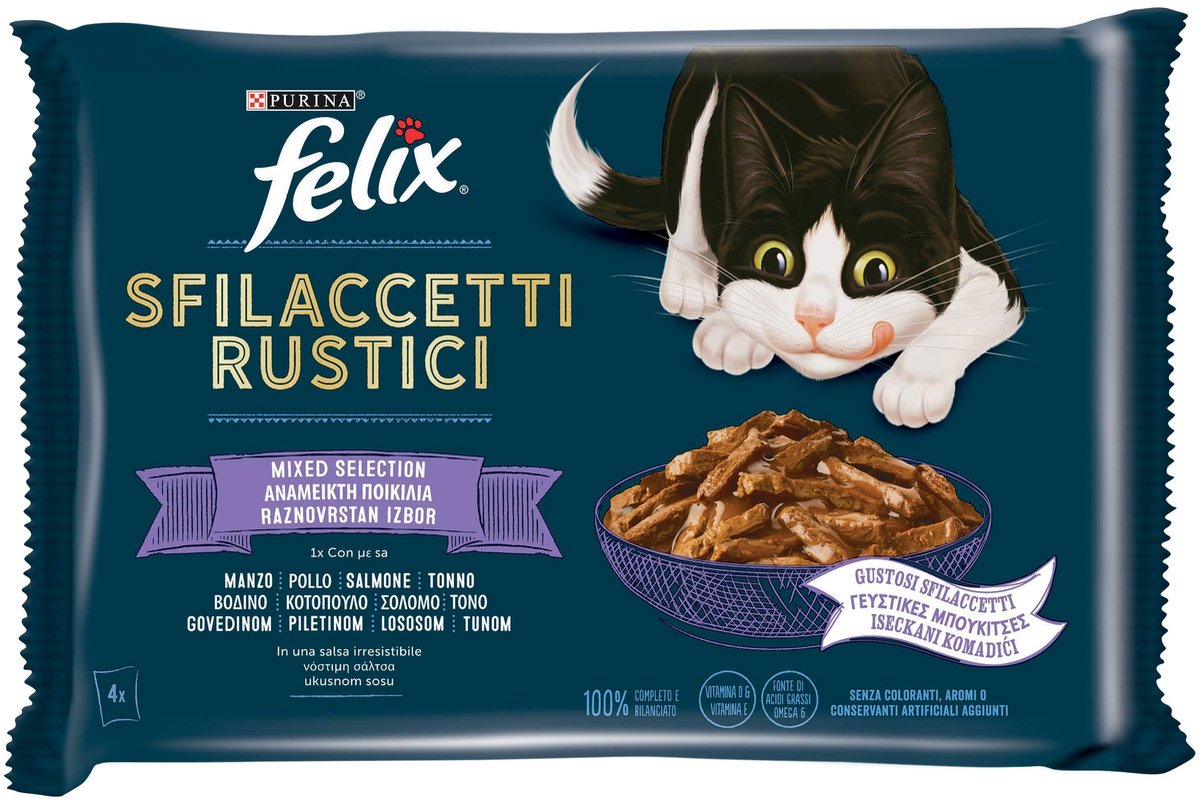 Solidchoice - Felix Rustieke Nat Voeding met Rundvlees, Kip, Tonijn en Zalm, 48 Zakjes van 80g