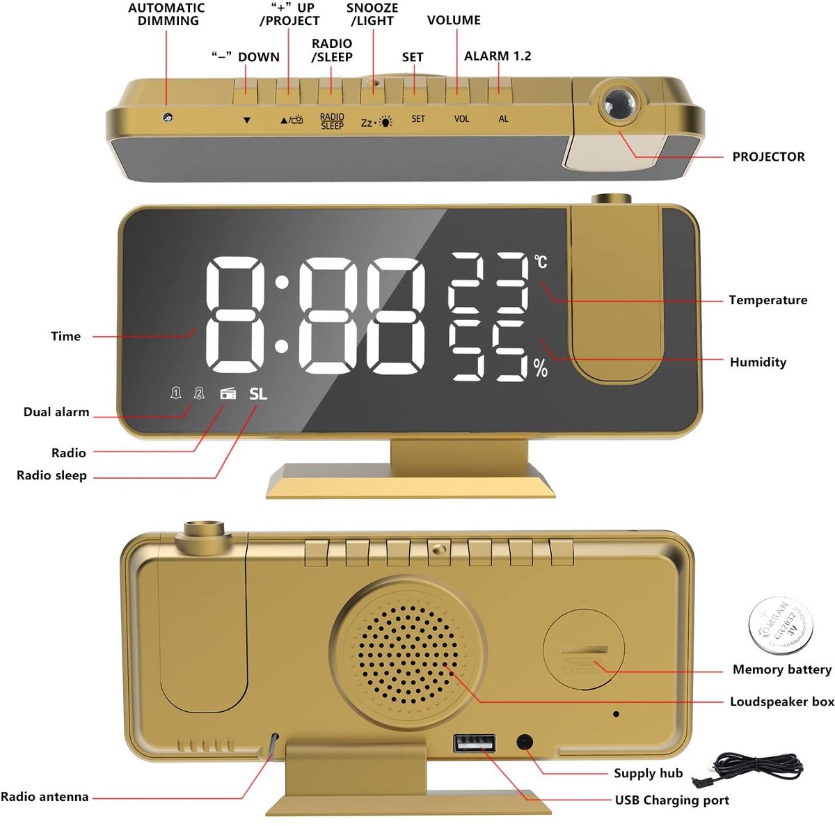 Solidchoice - Digitale Wekker met Projector en FM Radio