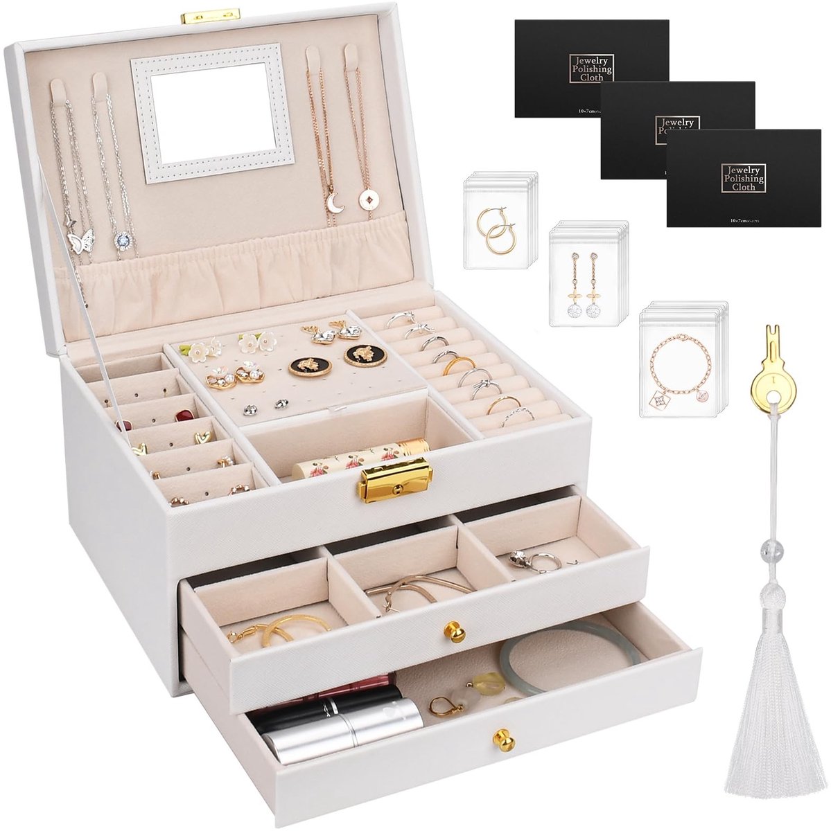 Solidchoice - 3 Laags Sieraden Box met 2 Laden voor Kettingen, Oorbellen en Ringen