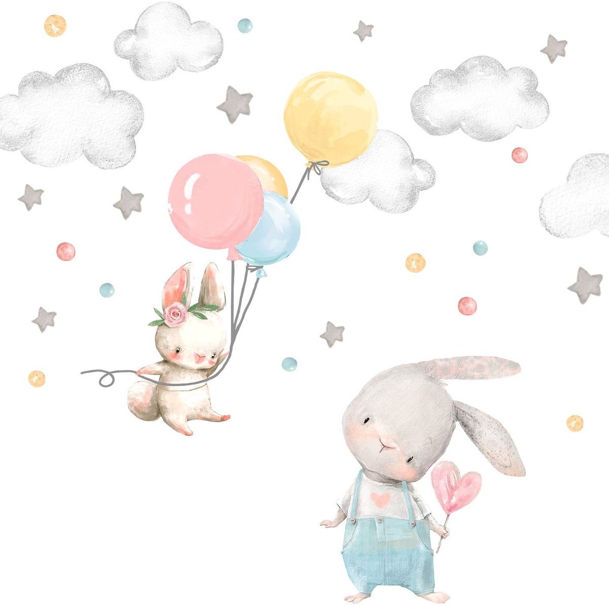 Solidchoice - Wandsticker met Konijnen en Ballonnen voor Kinderkamer 123 x 82 cm