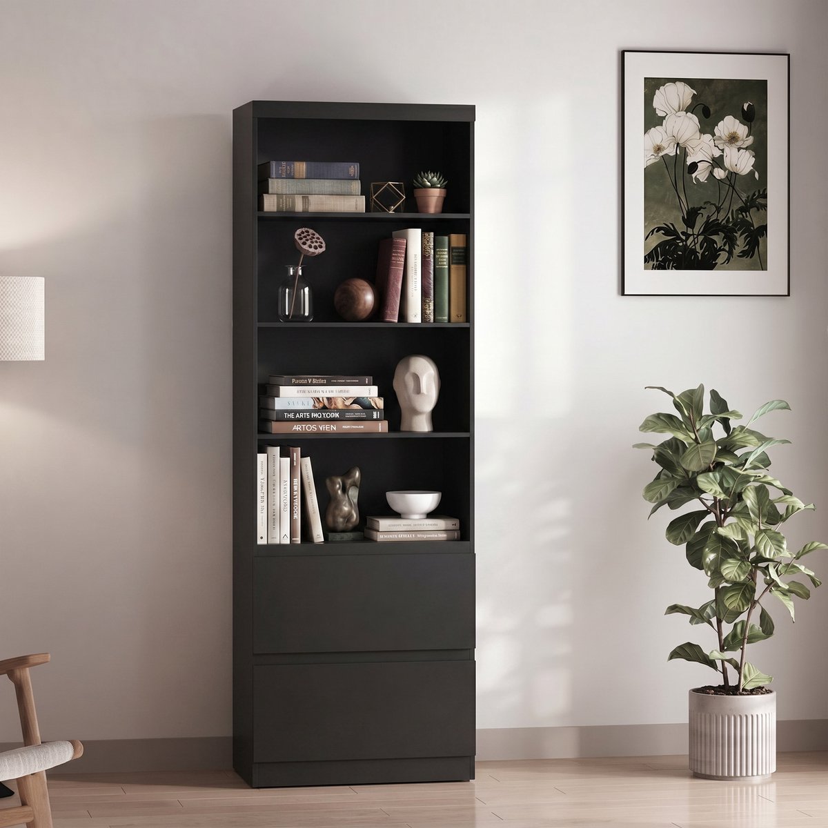Xbro Boekenkast met 4 Open Vakken en 2 Laden, Opbergkast met Glad Oppervlak en Ingebouwde Handgrepen voor Woonkamer en Slaapkamer, 60 x 34 x 180 cm, Zwart
