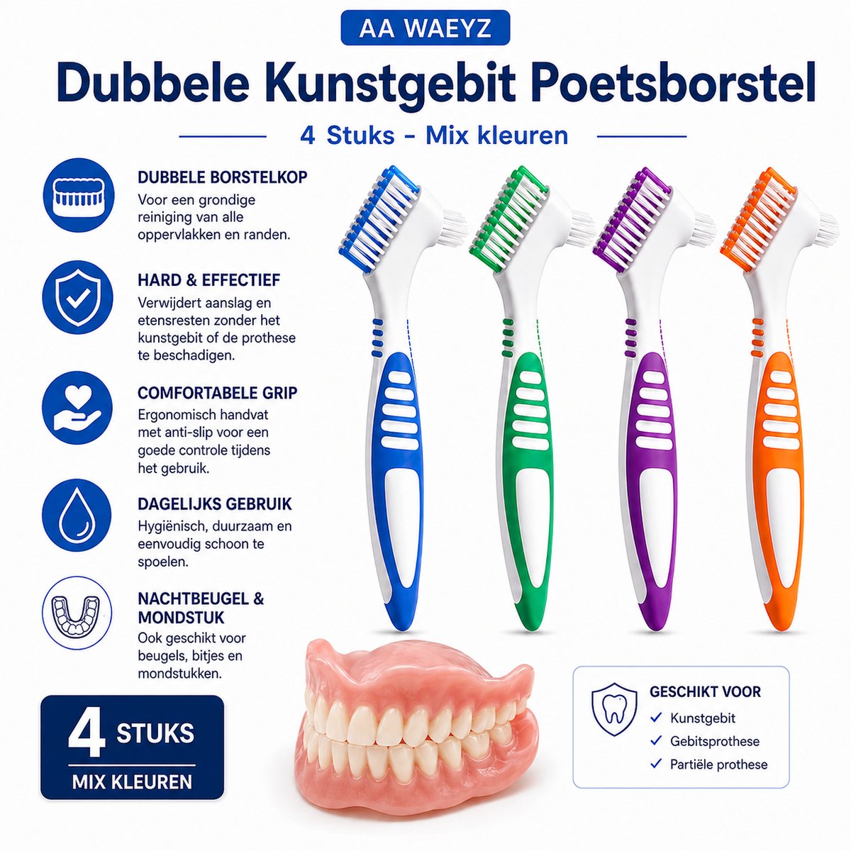 Kunstgebit borstel – 4 Stuks – Mix Kleuren – Dubbele Borstelkop – Protheseborstel voor Kunstgebit, Nachtbeugel & Mondstuk