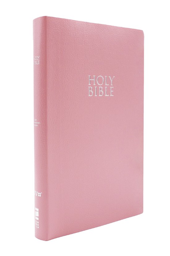 Roze Bijbel met zilverkleurige opdruk 'HOLY BIBLE'. De kaft is van kunstleer.