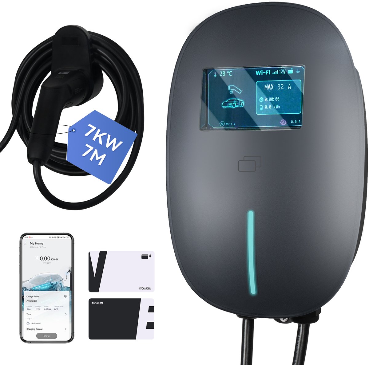 Puluomis - Wallbox EV Charger 7 kW - Smartcharge laadpaal met app - 7 meter kabel - Type 2 - 1-fase - 6–32A instelbaar - grijs