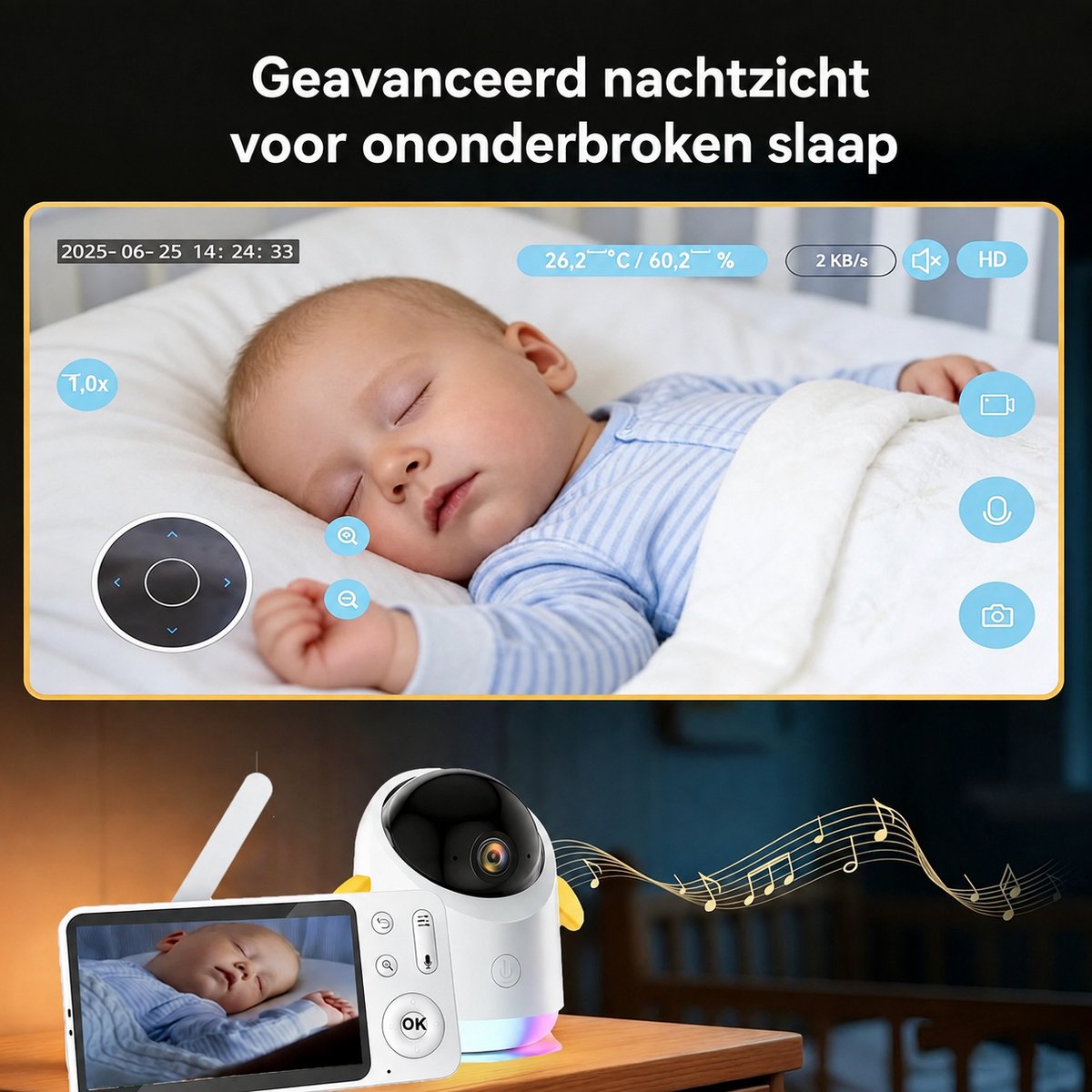 Babyfoon met 2 Camera's en App - 2K/3MP - 360° Beeld - 5" WiFi Video Babyfoon - RGB-Nachtzicht - Huil-, Bewegings-en Geluidsdetectie - 4x Zoom thumbnail 2