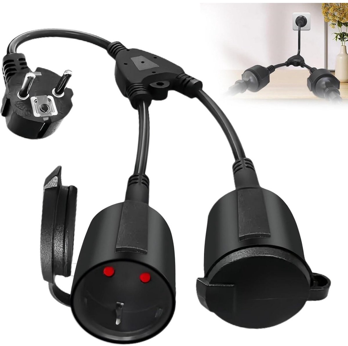 SSTRWGOOD Voedingskabel met 2 Schuko-contactdozen - Verlengsnoer IP44 Waterdicht - Hitte- en koudebestendig met beschermkapjes - Geschikt voor Huis, Kantoor en Buiten - PVC Materiaal - 16A/250V, 35cm, 1,5 mm²