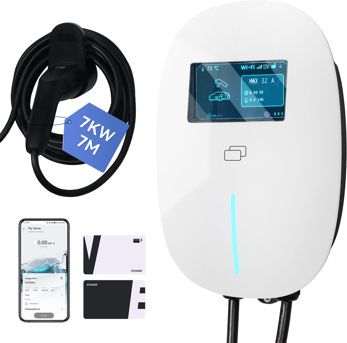 Puluomis - Wallbox EV Charger 7 kW - Smartcharge laadpaal met app - 7 meter kabel - Type 2 - 1-fase - 6–32A instelbaar - Wit