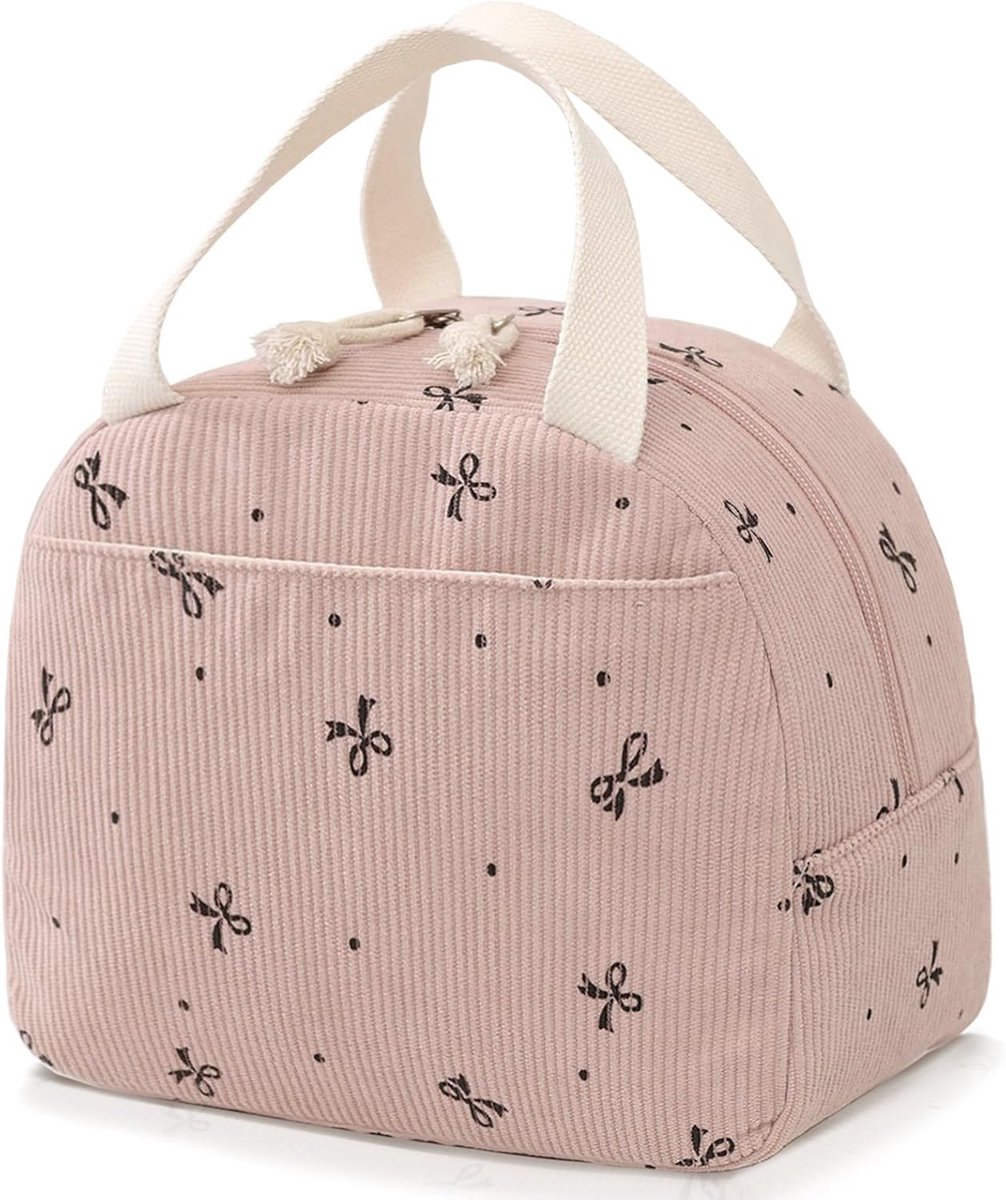 Geïsoleerde lunchtas - van corduroy met isolatie - houdt warm en koud - voor werk, picknick en reis - ruime broodtrommeltas - voor dames en heren - roze - 1 stuk