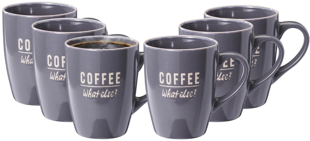 Siaki koffie kopjes Barista Cafe - 6x stuks - donkerblauw - 220 ml - mokken - keramiek - 10 cm - met koffie thema teksten