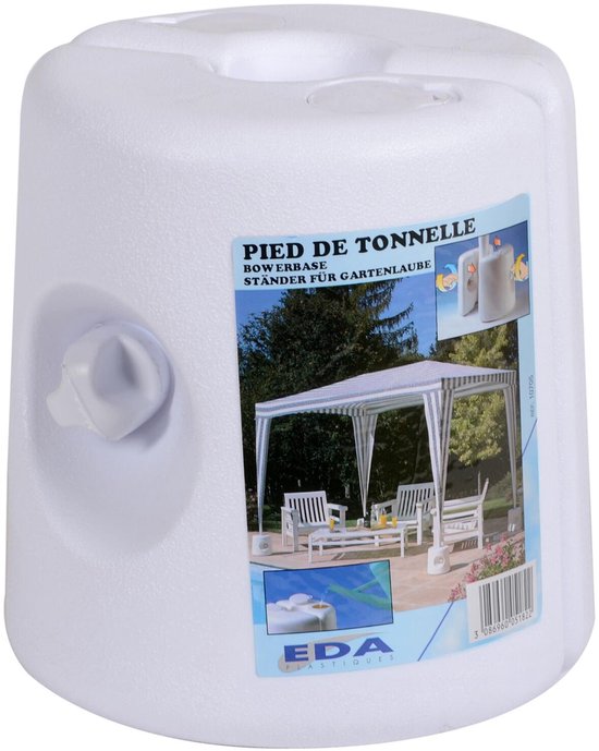 Een witte, vulbare voet met een etiket met informatie en afbeeldingen van een partytent.