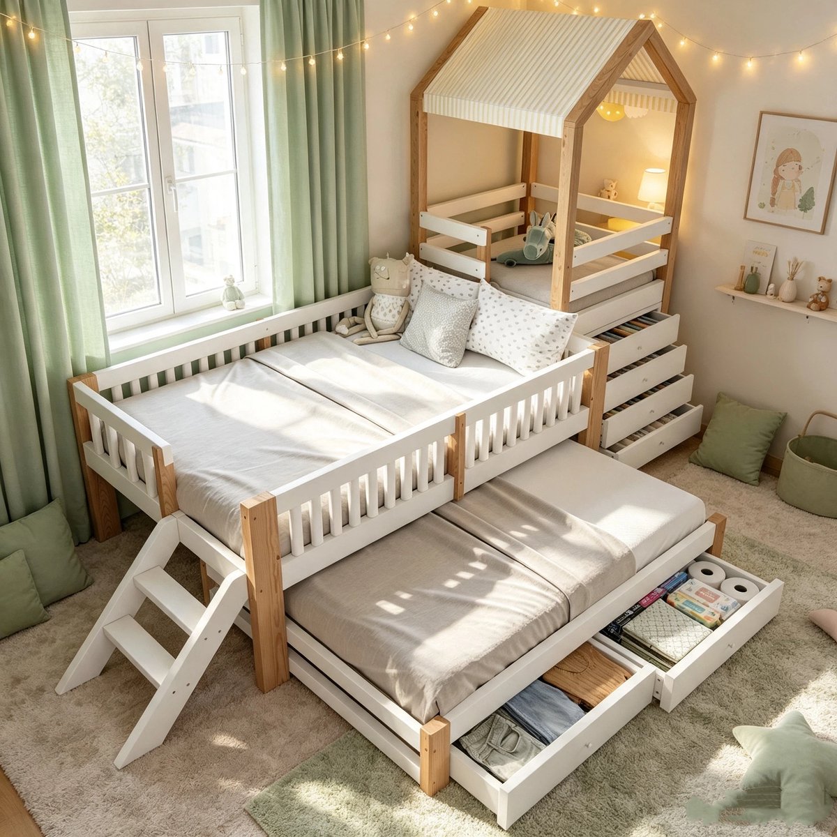 Kinderbed 90X200, Met Uitschuifbaar Bed 90X190, Huisvormig Kinderbed Met Ladeblok Met Vier Vakken Aan De Rechterkant, Met Zijtrap, Stapelbed Met Massief Houten Frame En Stoffen Dak-Natuurlijk