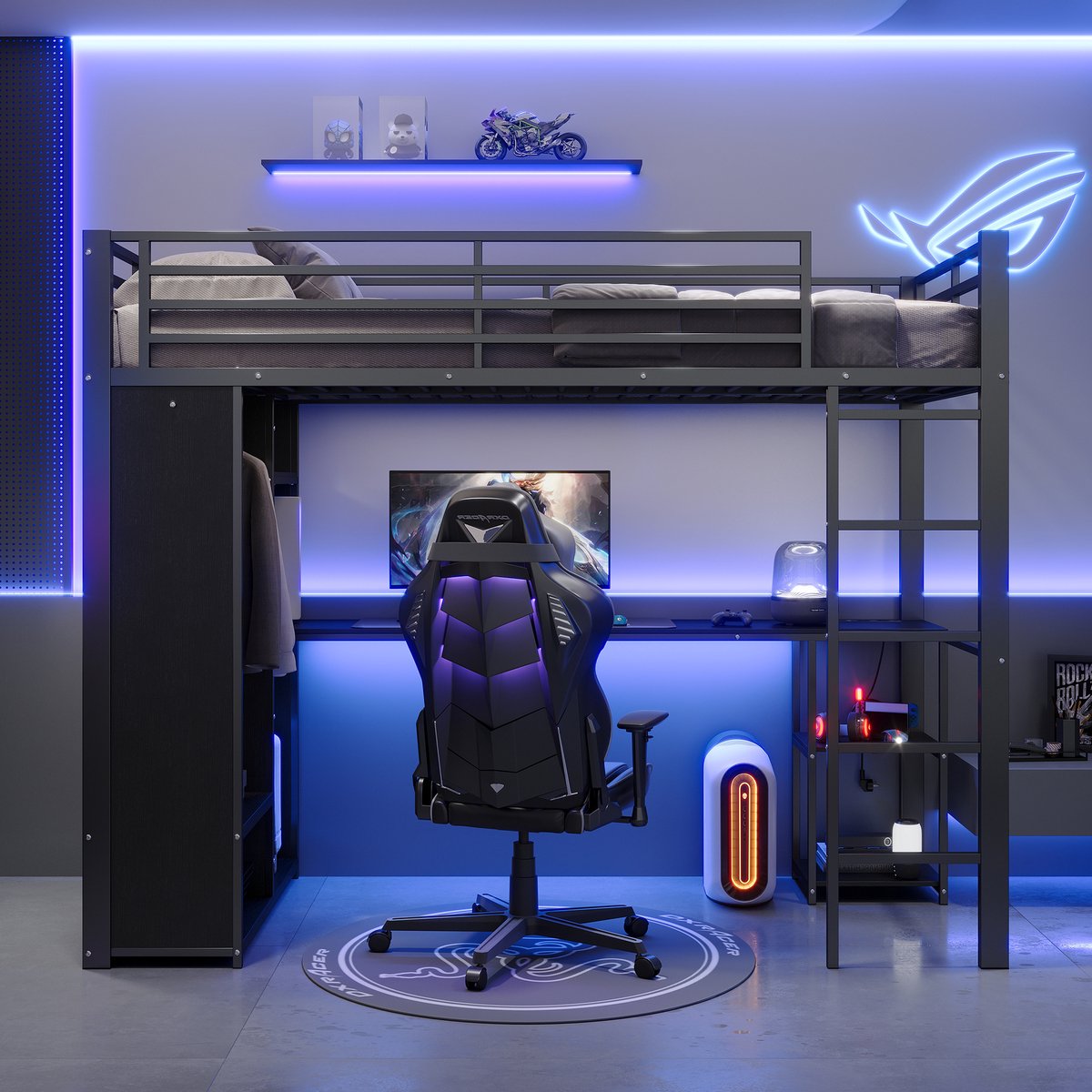 Kinderbed, Hoogslaper 90 X 200 cm,IJzeren Frame, Opbergvak Met Ledverlichting, Bureau, Dubbel Stopcontact Met USB- En Type-C-Aansluiting, 3 Planken, Open Kledingkast, Zonder Matras, Zwart