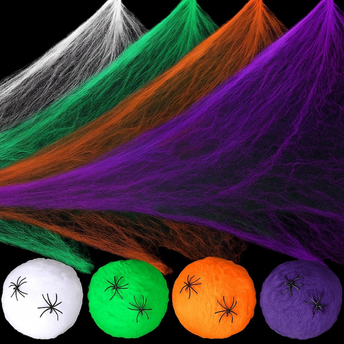 Daity Halloween spinnenwebdecoratie (inclusief 80 realistische spinnen) – 400 g ultra-rekbaar spinnenweb – geschikt voor Halloweenversieringen binnen en buiten.
