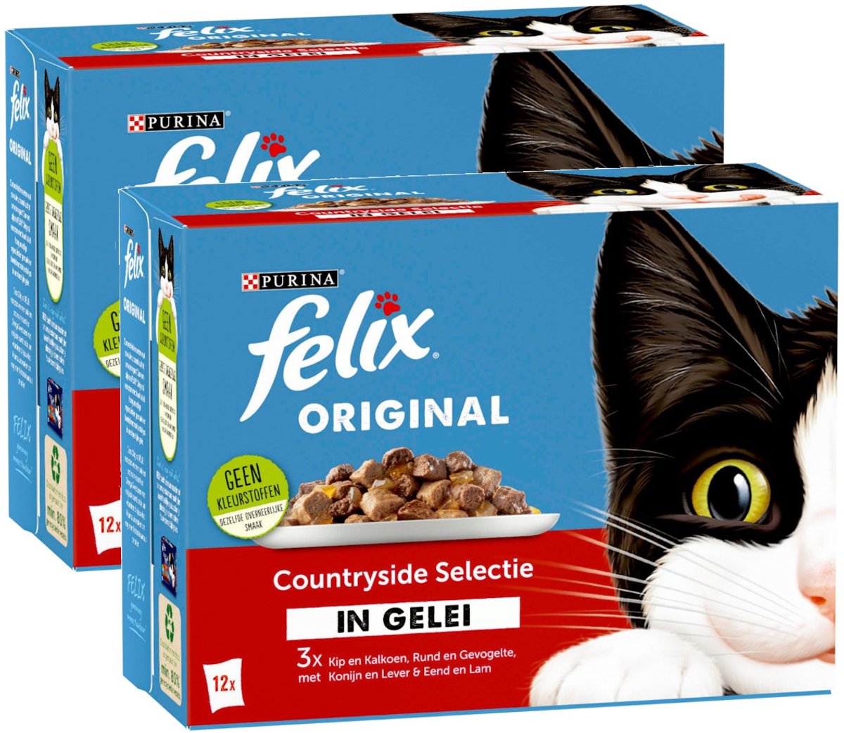 Felix Felix Countryside In Gelei - Kip en Kalkoen & Rund en Gevogelte & Konijn en Lever & Eend en Lam - Multipack - Kattenvoer - 2040g (2x12x85g)