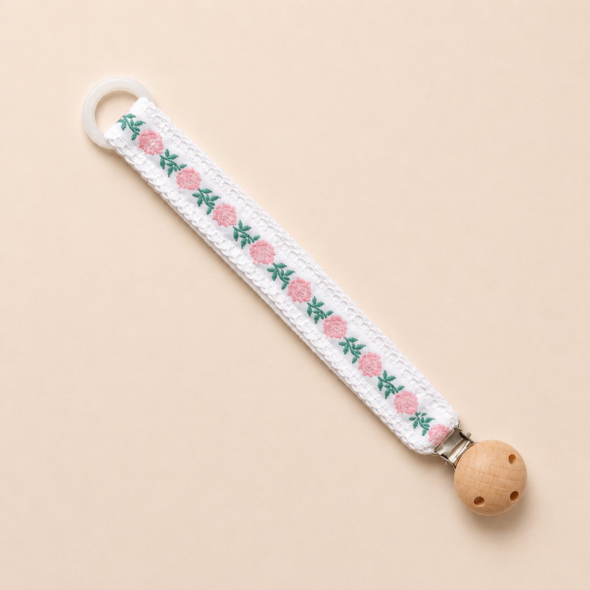 Stoffen speenkoord Bloem Wit Rose | Katoenen Speenketting met Houten Clip | Fopspeenhouder Baby Meisje | Babyshower | Accessoires Baby | Speenkoord Meisje | Speenkoord Jongen | Kraamcadeau |
