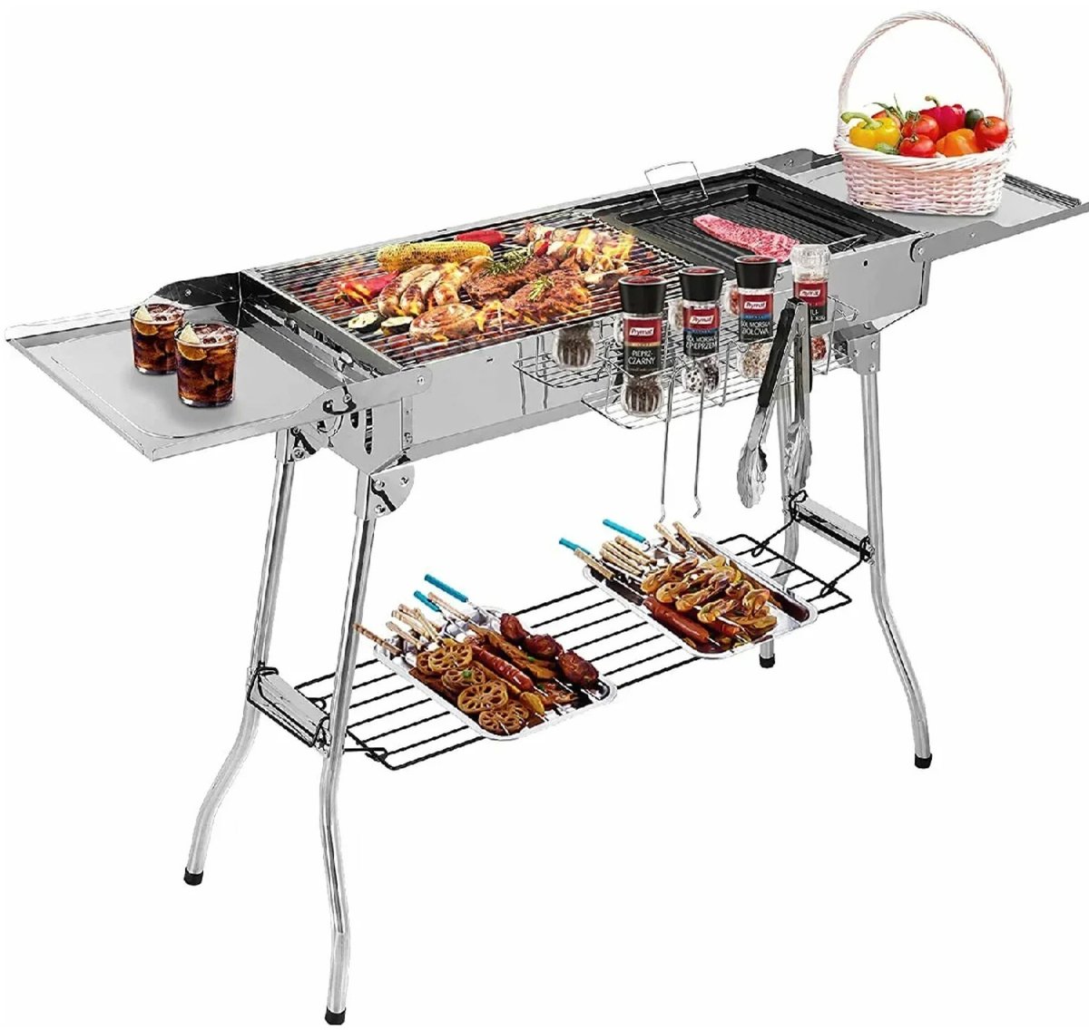 GDE - Houtskool bbq - Opvouwbare BBQ met Zijtafels - Grillrooster en Onderrek - Draagbaar - Houtskool grill