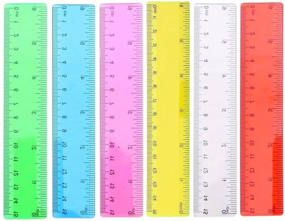 Set van 6 Flexibele Linialen van 15 cm voor Basisschool - Plastic, Kleurige Linialen met Metrische en Inch Schaal voor School en Kantoor
