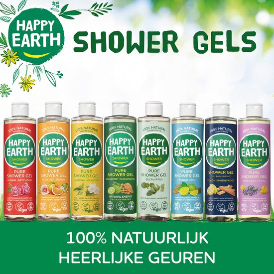 Happy Earth Shower Gels: Floral Patchouli, Rose Petitgrain, Jasmine Ho Wood, Bergamot Cedarwood, Eucalyptus, Cedar Lime, Lemon Sandalwood, Lavender Ylang.