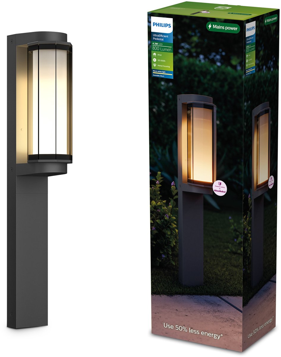 Philips Avendale UltraEfficient Sokkellamp - Buitenlamp - Warmwit licht: 2700K - Weerbestendig: IP44 - Zwart - 4.3W