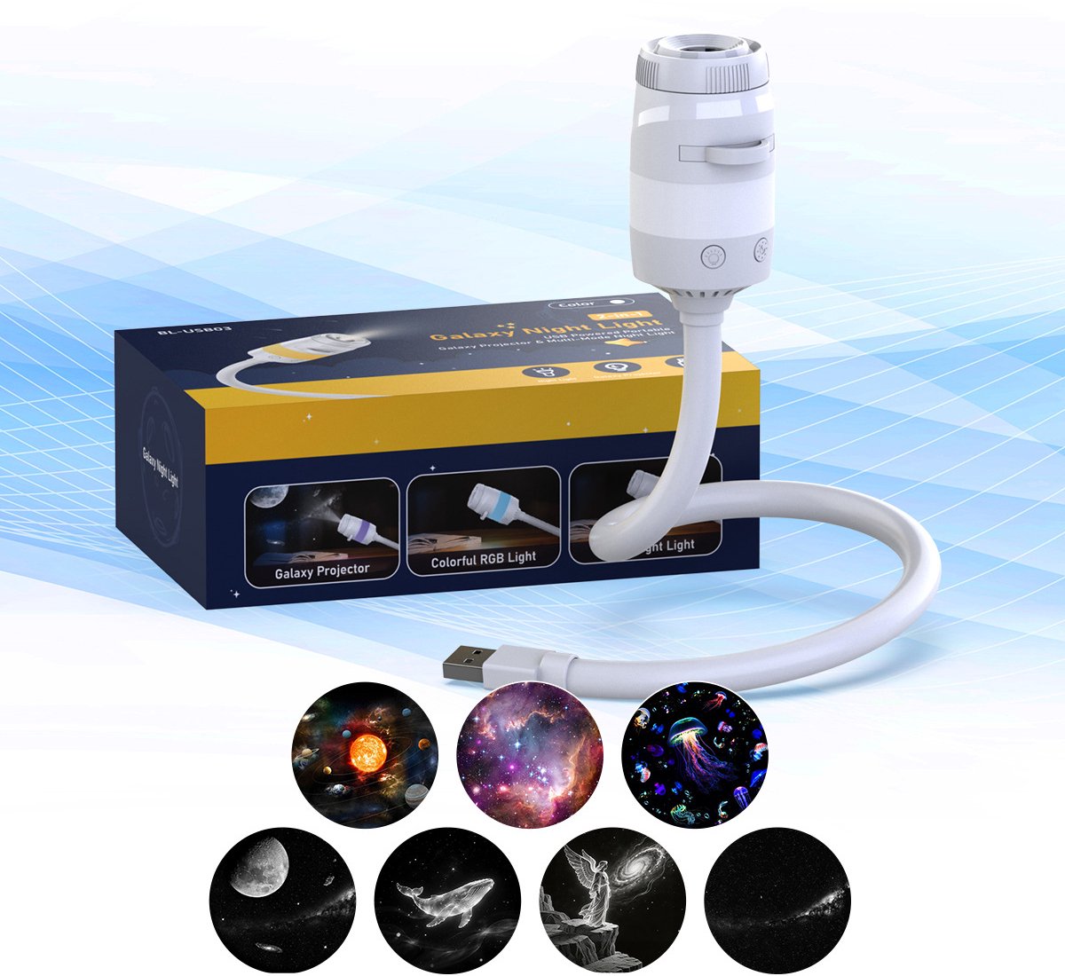 Sterrenprojector nachtlampje, USB‑gevoed met 360° rotatie, projectielamp voor auto en slaapkamer, voor kinderen en volwassenen（7）